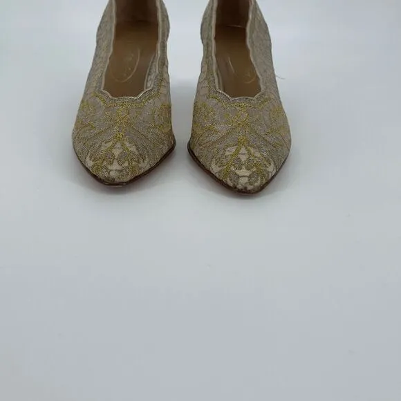 Joel Parker Vintage Italian Lace Heels Gold Embroidered Leather Lined Size 8.5 B