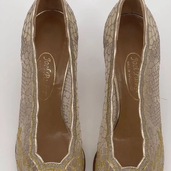 Joel Parker Vintage Italian Lace Heels Gold Embroidered Leather Lined Size 8.5 B