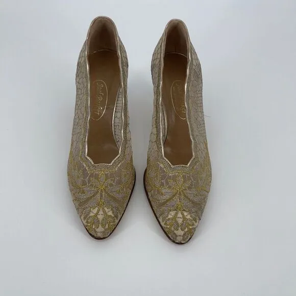 Joel Parker Vintage Italian Lace Heels Gold Embroidered Leather Lined Size 8.5 B