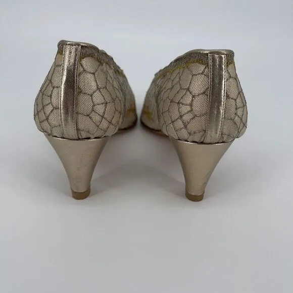 Joel Parker Vintage Italian Lace Heels Gold Embroidered Leather Lined Size 8.5 B