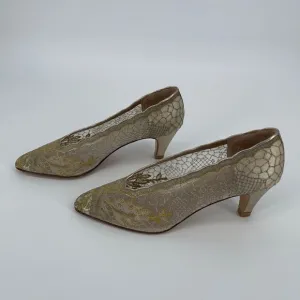 Joel Parker Vintage Italian Lace Heels Gold Embroidered Leather Lined Size 8.5 B
