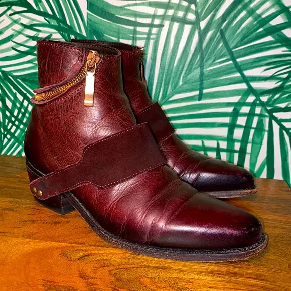 John Fluevog Ruth Burgundy Leather Zip Ankle Boots Women’s 7