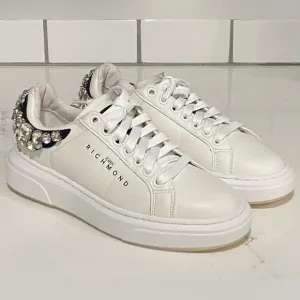 John Richmond  Rhinestone Embellished Leather Fashion Sneaker White Size 36 New