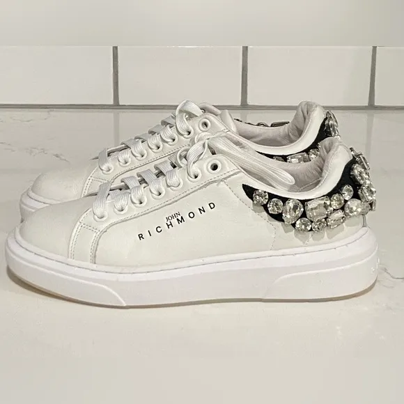 John Richmond  Rhinestone Embellished Leather Fashion Sneaker White Size 36 New