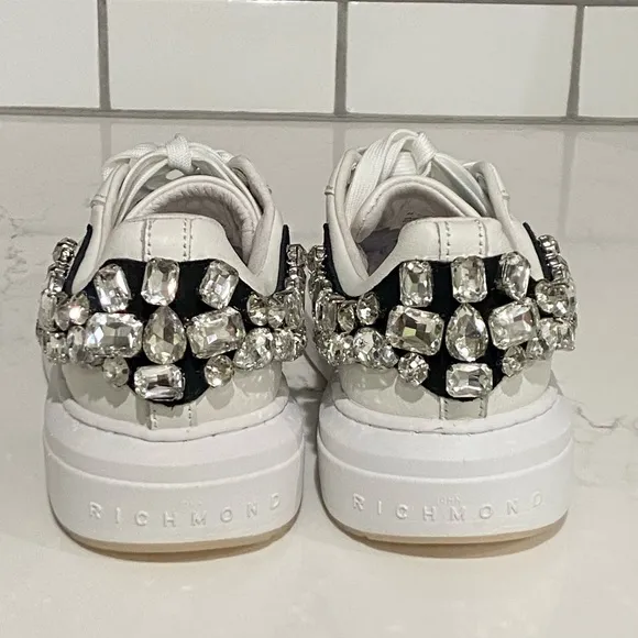 John Richmond  Rhinestone Embellished Leather Fashion Sneaker White Size 36 New