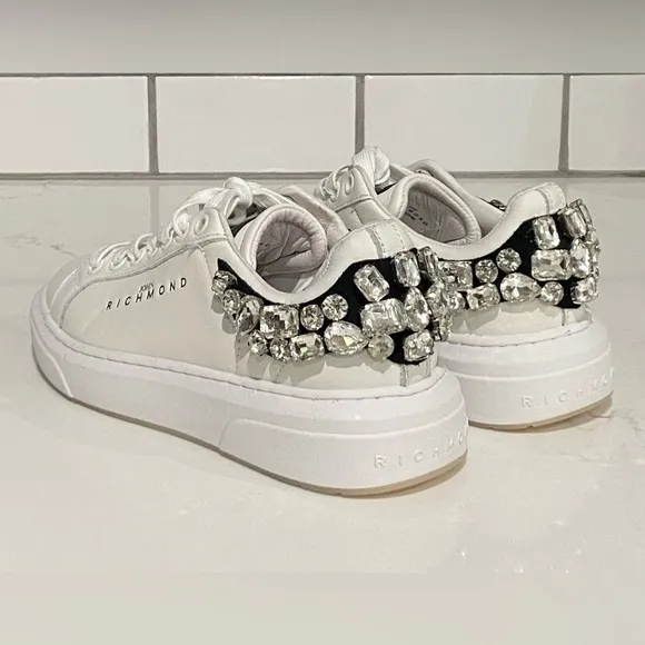John Richmond  Rhinestone Embellished Leather Fashion Sneaker White Size 36 New
