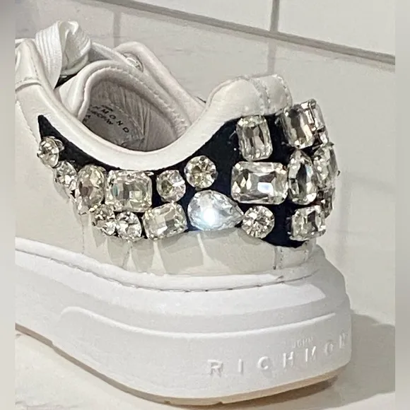John Richmond  Rhinestone Embellished Leather Fashion Sneaker White Size 36 New