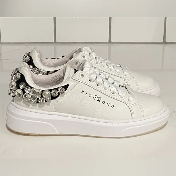 John Richmond  Rhinestone Embellished Leather Fashion Sneaker White Size 36 New