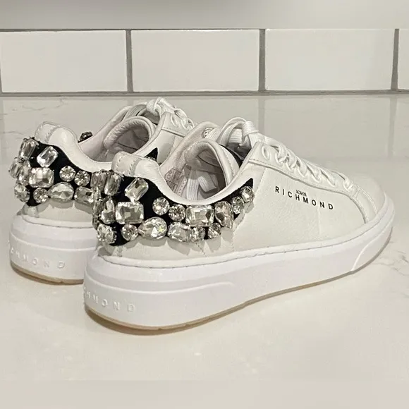 John Richmond  Rhinestone Embellished Leather Fashion Sneaker White Size 36 New