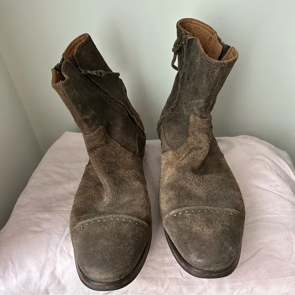 John Varvatos vtg distressed brown suede leather double zip harness ankle boots