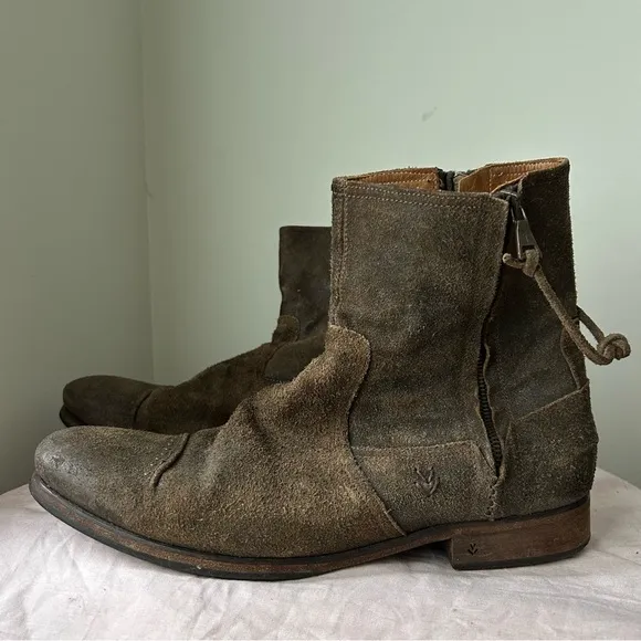 John Varvatos vtg distressed brown suede leather double zip harness ankle boots
