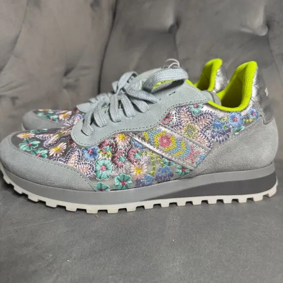 Johnny Was Floral Embroidered Keya Shine Light Blue Sneakers Shoe Size‎ 38