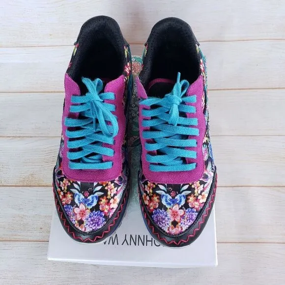 Johnny Was Keya Floral Combo Embroidered Sneakers Suede Lace Up Size 37 Multi