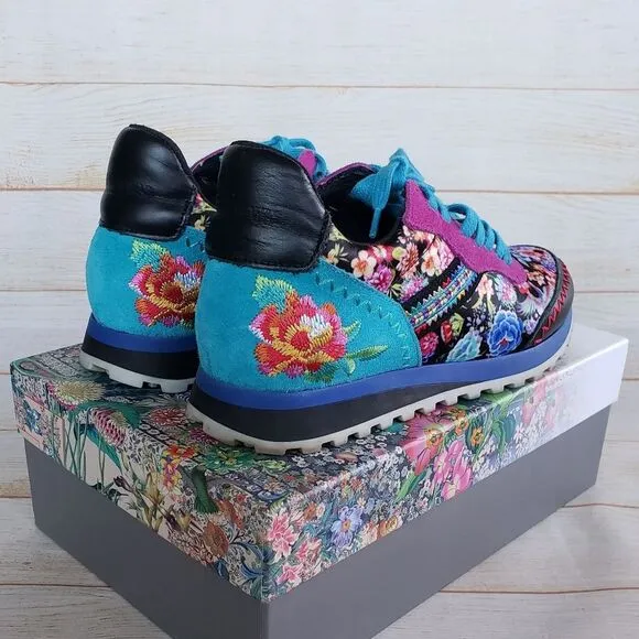Johnny Was Keya Floral Combo Embroidered Sneakers Suede Lace Up Size 37 Multi