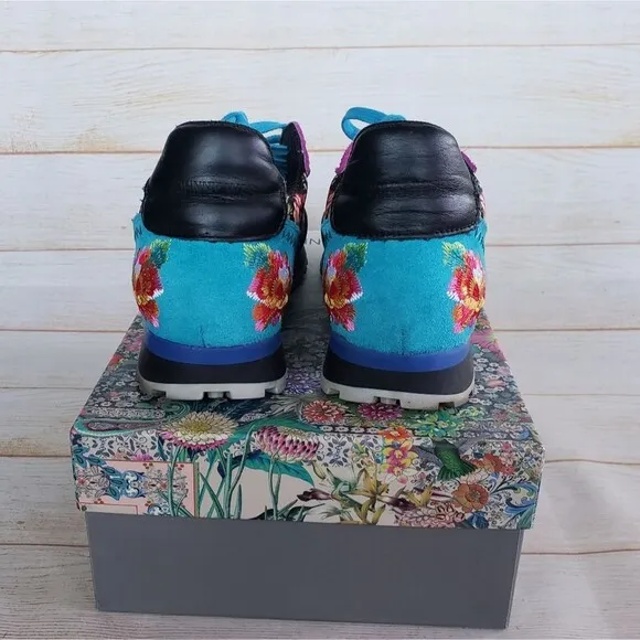 Johnny Was Keya Floral Combo Embroidered Sneakers Suede Lace Up Size 37 Multi