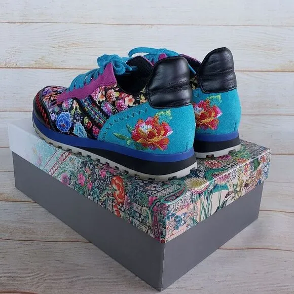 Johnny Was Keya Floral Combo Embroidered Sneakers Suede Lace Up Size 37 Multi