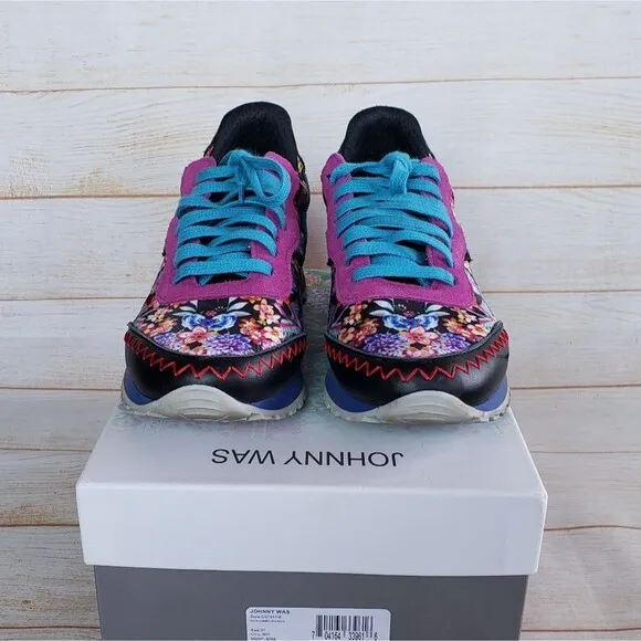 Johnny Was Keya Floral Combo Embroidered Sneakers Suede Lace Up Size 37 Multi