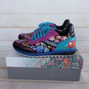 Johnny Was Keya Floral Combo Embroidered Sneakers Suede Lace Up Size 37 Multi