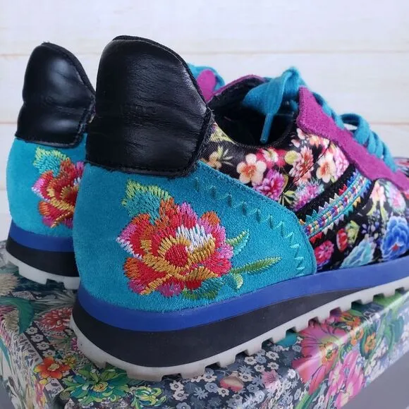 Johnny Was Keya Floral Combo Embroidered Sneakers Suede Lace Up Size 37 Multi