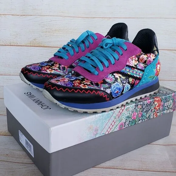 Johnny Was Keya Floral Combo Embroidered Sneakers Suede Lace Up Size 37 Multi