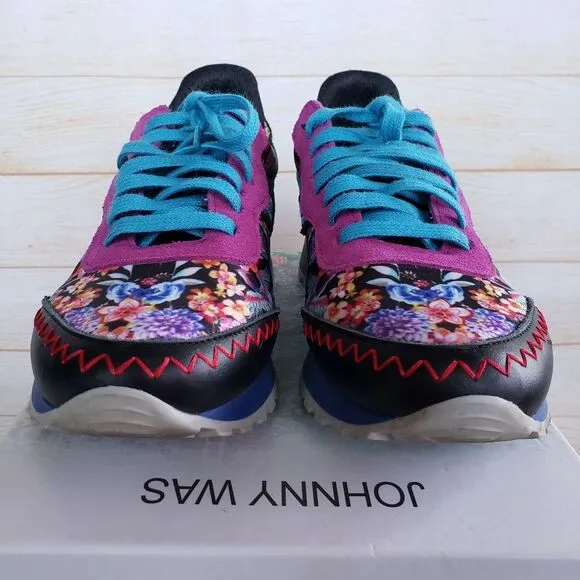 Johnny Was Keya Floral Combo Embroidered Sneakers Suede Lace Up Size 37 Multi