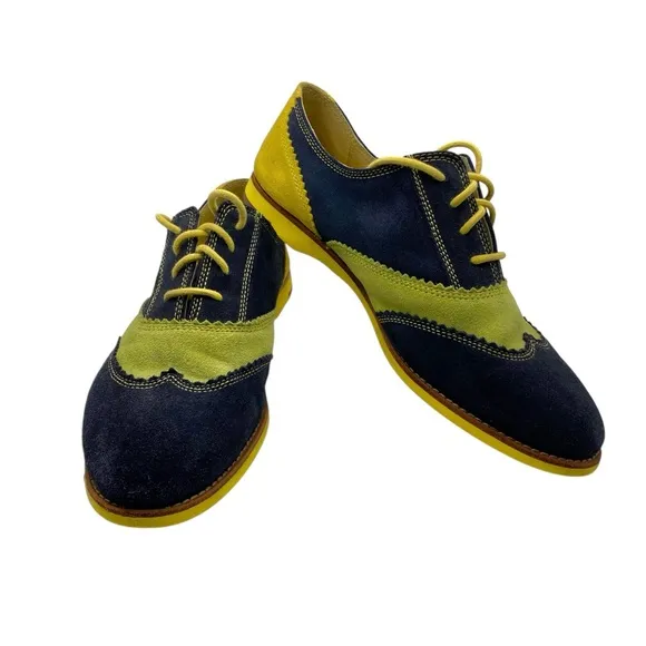 Johnston &amp; Murphy Derby Oxford Suede Shoes Blue Yellow Lime Women’s Size 8.5