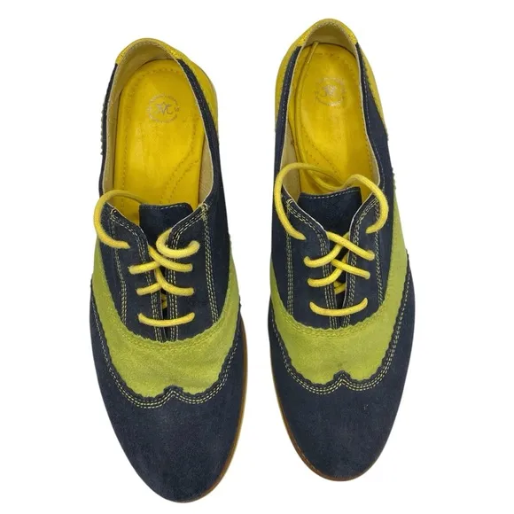 Johnston &amp; Murphy Derby Oxford Suede Shoes Blue Yellow Lime Women’s Size 8.5