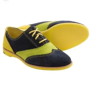 Johnston &amp; Murphy Derby Oxford Suede Shoes Blue Yellow Lime Women’s Size 8.5