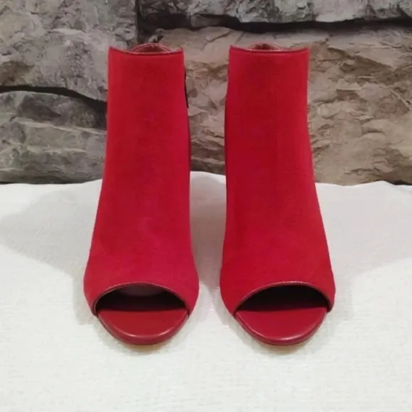 Joie Gwen Booties Chili Red Suede Genuine Full Leather Peekaboo Heels US 7 EU 38