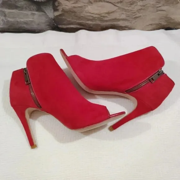 Joie Gwen Booties Chili Red Suede Genuine Full Leather Peekaboo Heels US 7 EU 38