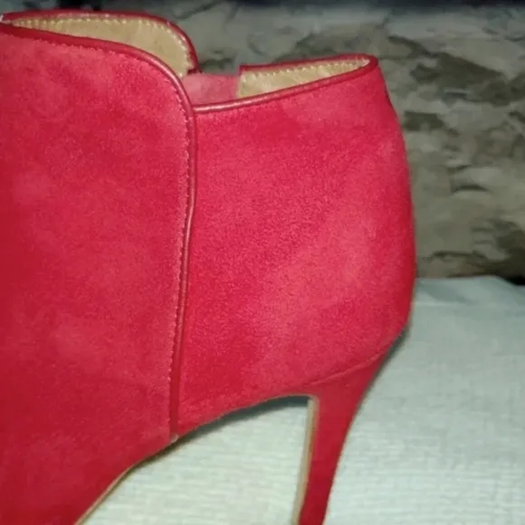 Joie Gwen Booties Chili Red Suede Genuine Full Leather Peekaboo Heels US 7 EU 38
