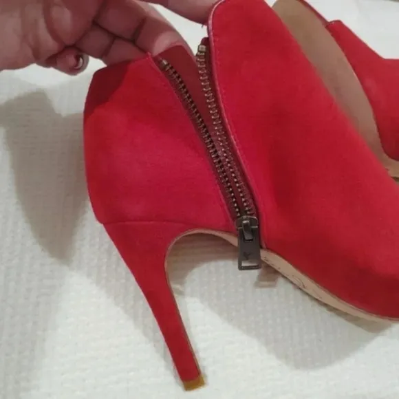 Joie Gwen Booties Chili Red Suede Genuine Full Leather Peekaboo Heels US 7 EU 38