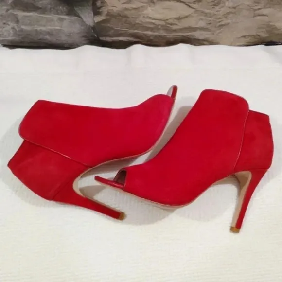 Joie Gwen Booties Chili Red Suede Genuine Full Leather Peekaboo Heels US 7 EU 38