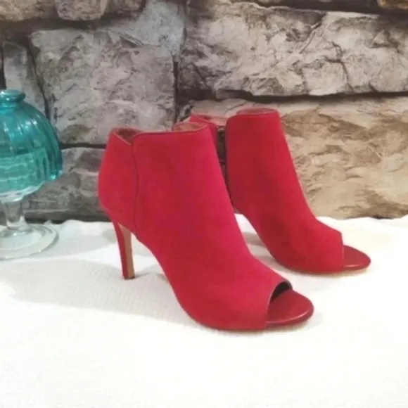 Joie Gwen Booties Chili Red Suede Genuine Full Leather Peekaboo Heels US 7 EU 38