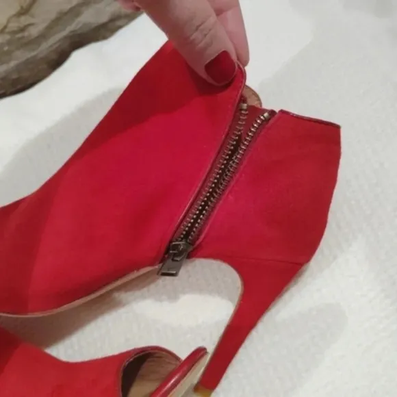 Joie Gwen Booties Chili Red Suede Genuine Full Leather Peekaboo Heels US 7 EU 38