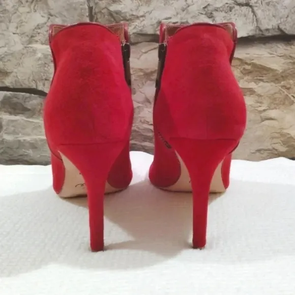 Joie Gwen Booties Chili Red Suede Genuine Full Leather Peekaboo Heels US 7 EU 38