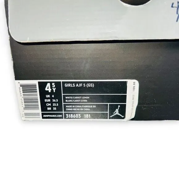 Jordan AJF 5 GS 2008 White/Carrot-Lemon 318603-181 Youth 4.5 Women's 6