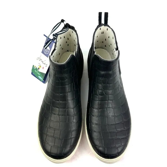Joules Ankle Rain Boots 9 Rainwell  Black Croc Slip On Bootie Waterproof New
