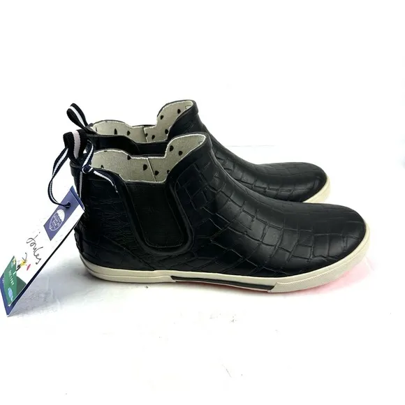 Joules Ankle Rain Boots 9 Rainwell  Black Croc Slip On Bootie Waterproof New