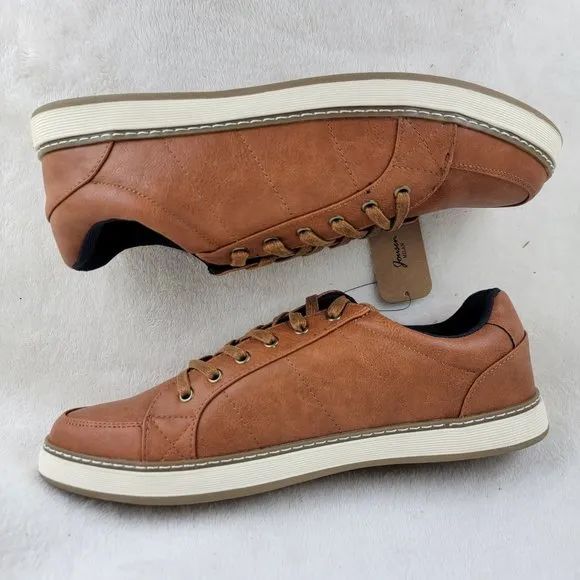 Jousen Mens Brown Leather Lace-Up Low Top Fashion Sneaker Casual Shoes Size 9.5