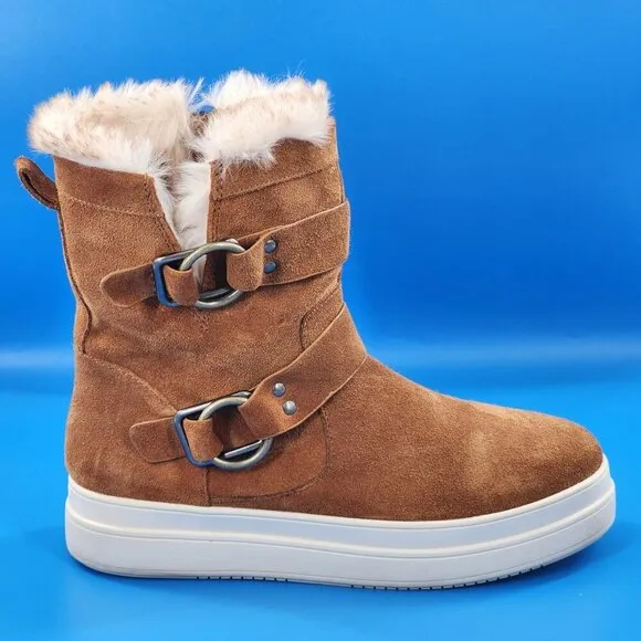 J/SLIDES Nelly Tan Waterproof Suede Platform Faux Fur Lined Boots Zip