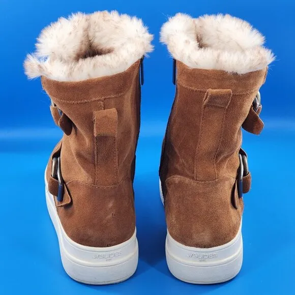 J/SLIDES Nelly Tan Waterproof Suede Platform Faux Fur Lined Boots Zip