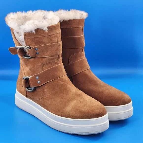 J/SLIDES Nelly Tan Waterproof Suede Platform Faux Fur Lined Boots Zip