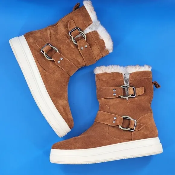 J/SLIDES Nelly Tan Waterproof Suede Platform Faux Fur Lined Boots Zip