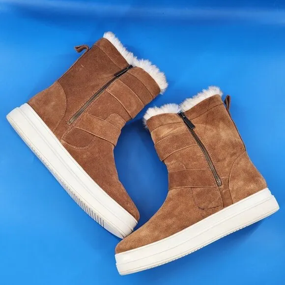 J/SLIDES Nelly Tan Waterproof Suede Platform Faux Fur Lined Boots Zip