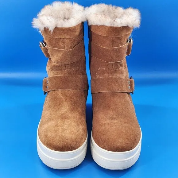 J/SLIDES Nelly Tan Waterproof Suede Platform Faux Fur Lined Boots Zip