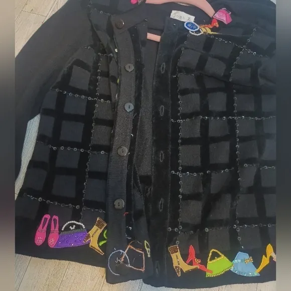Just B Beaded Embellished Novelty Cardigan Sweater Shoes Purses Fashion Medium