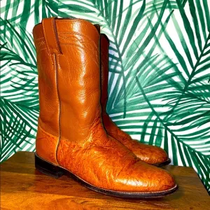 Justin Boots Vintage Cognac Exotic Ostrich Western Roper Boots L3021 9.5 B