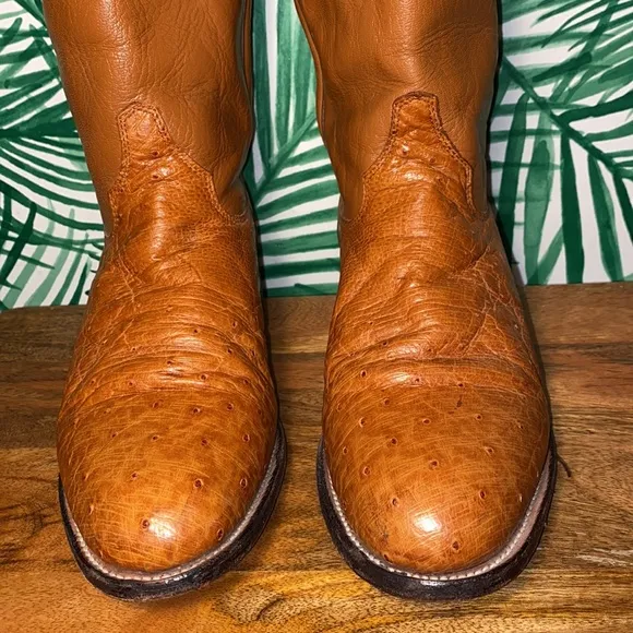 Justin Boots Vintage Cognac Exotic Ostrich Western Roper Boots L3021 9.5 B