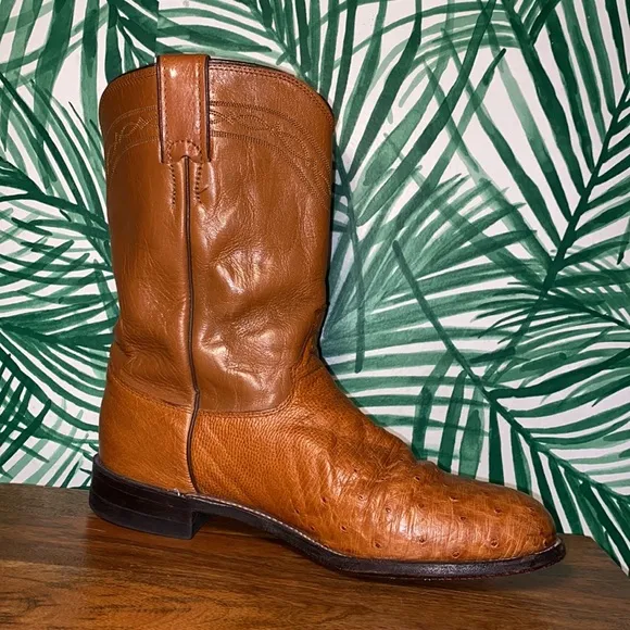 Justin Boots Vintage Cognac Exotic Ostrich Western Roper Boots L3021 9.5 B